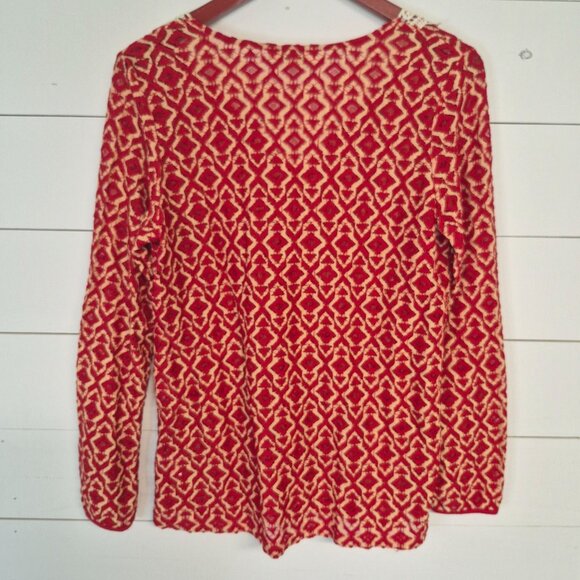 Umgee Womens M Red Geometric Lace Neck Blouse Night out/ Beach vibe/Swim coverup - Picture 5 of 5